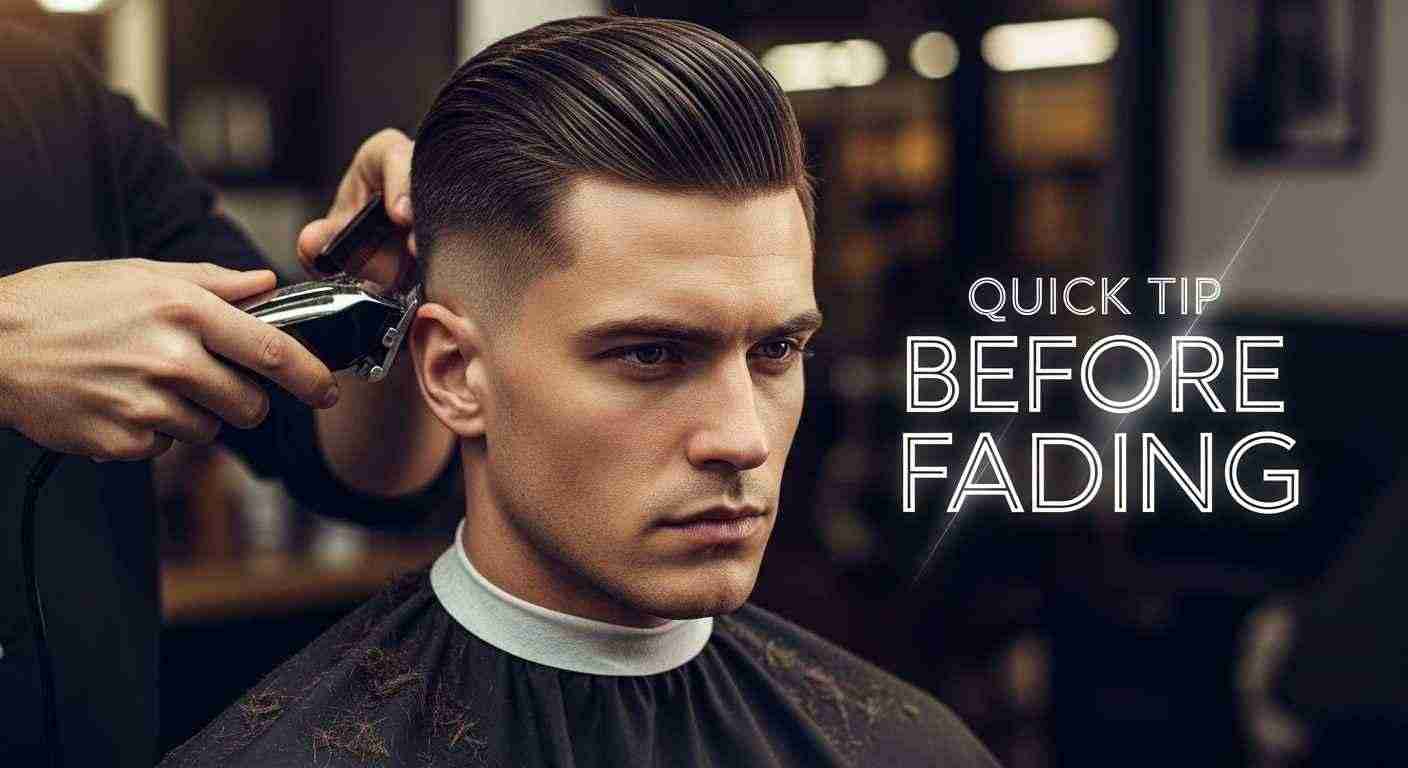 A man receives a haircut from a barber, with a sign reading "Quick Tip Before Fading" visible in the background.