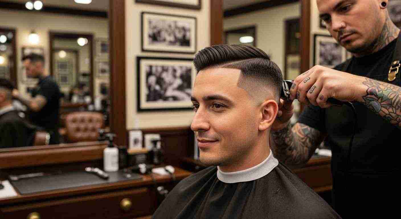 A man receives a haircut from another man in a barbershop, highlighting the importance of regular barber visits.