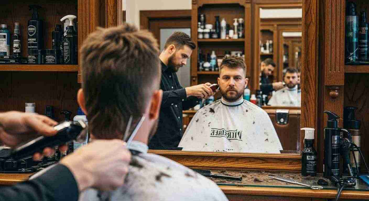 Mens Mullet Hairstyles That Never Go Out of Fashion 5 A man receives a haircut in a barber shop, showcasing the transformation from unkempt to styled hair.