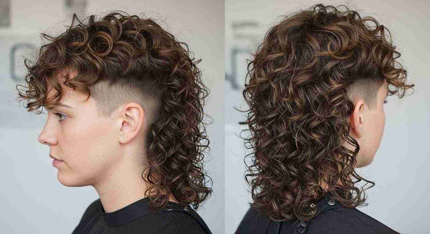 Mens Mullet Hairstyles That Never Go Out of Fashion 13 Two images of a woman with a textured curly mullet hairstyle, showcasing her vibrant curls from different angles.