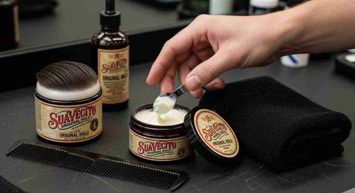 A man with a slick back undercut shaves his beard using a comb and Suavecito Original Hold beard oil.