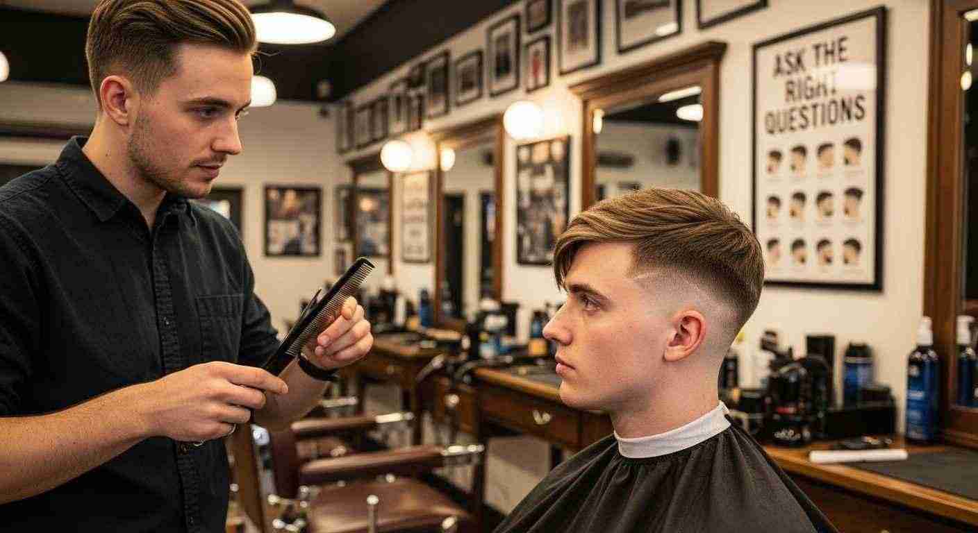 A man receives a low taper fringe haircut from a barber in a well-lit barbershop.