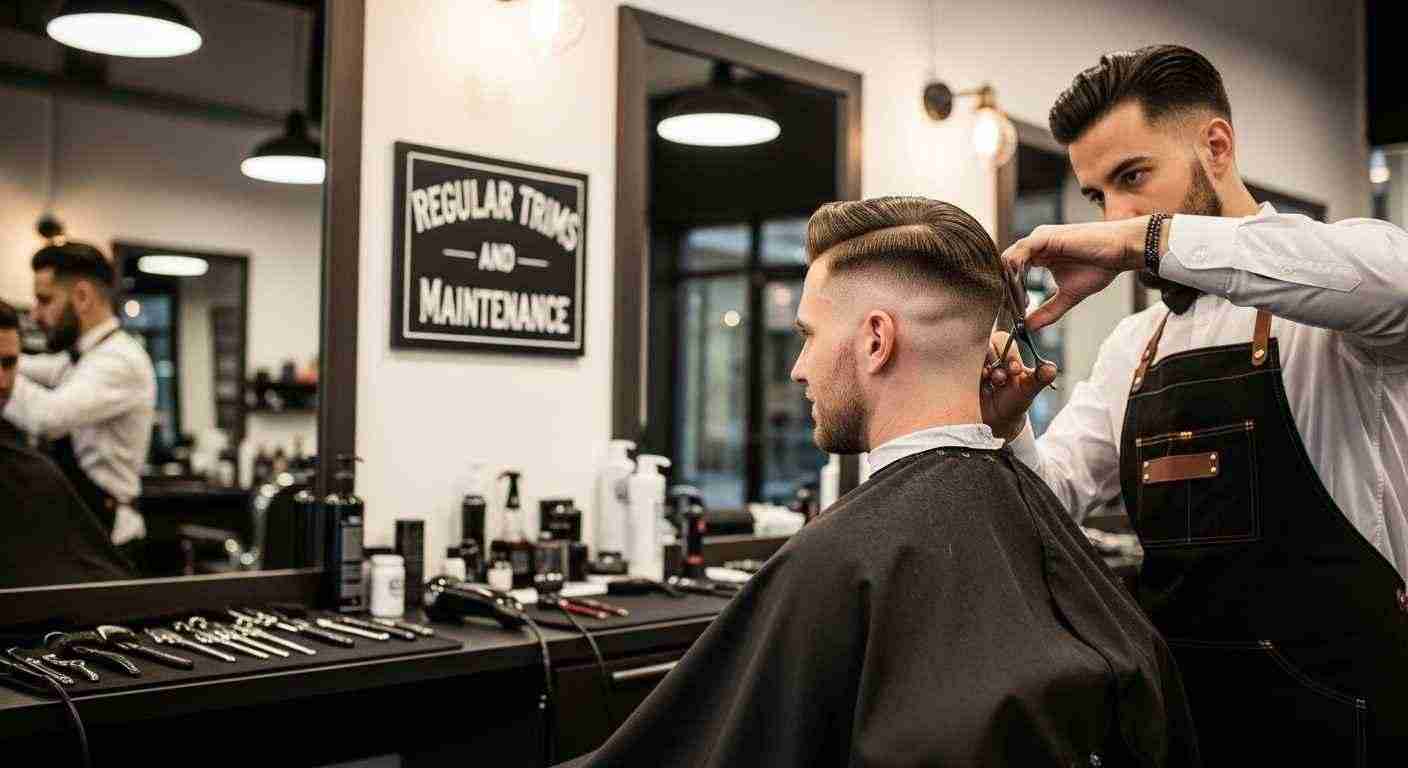 A man receives a slick back undercut haircut from a barber, showcasing regular trims and maintenance.