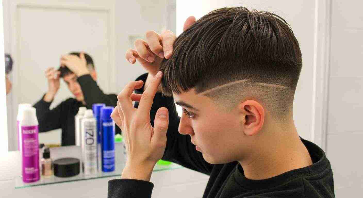 A young man styles his hair with a low taper fringe while looking in the mirror.