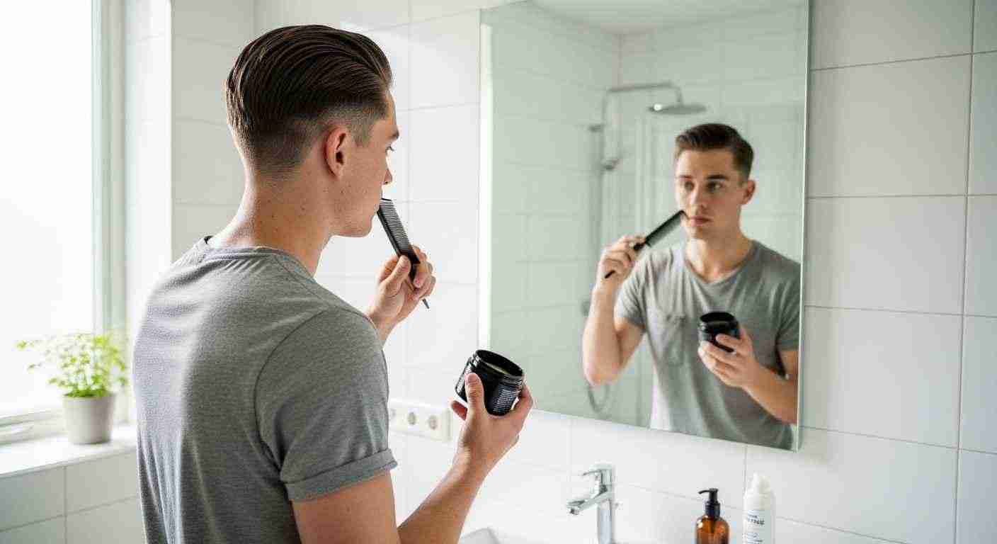  A man with a slick back undercut brushes his teeth in front of a mirror as part of his daily styling routine.