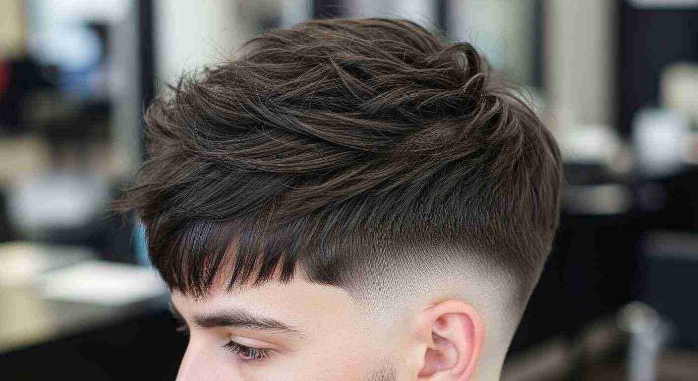 Low Maintenance Haircuts for Men Who Hate Styling 7 A man with a short haircut sits in a salon, showcasing a textured crop style suitable for thick hair.