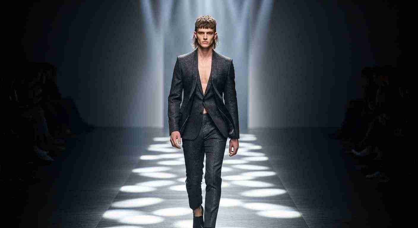 A male model confidently walks the runway in a sleek black suit during the 'From Rebellion to Runway' fashion show.