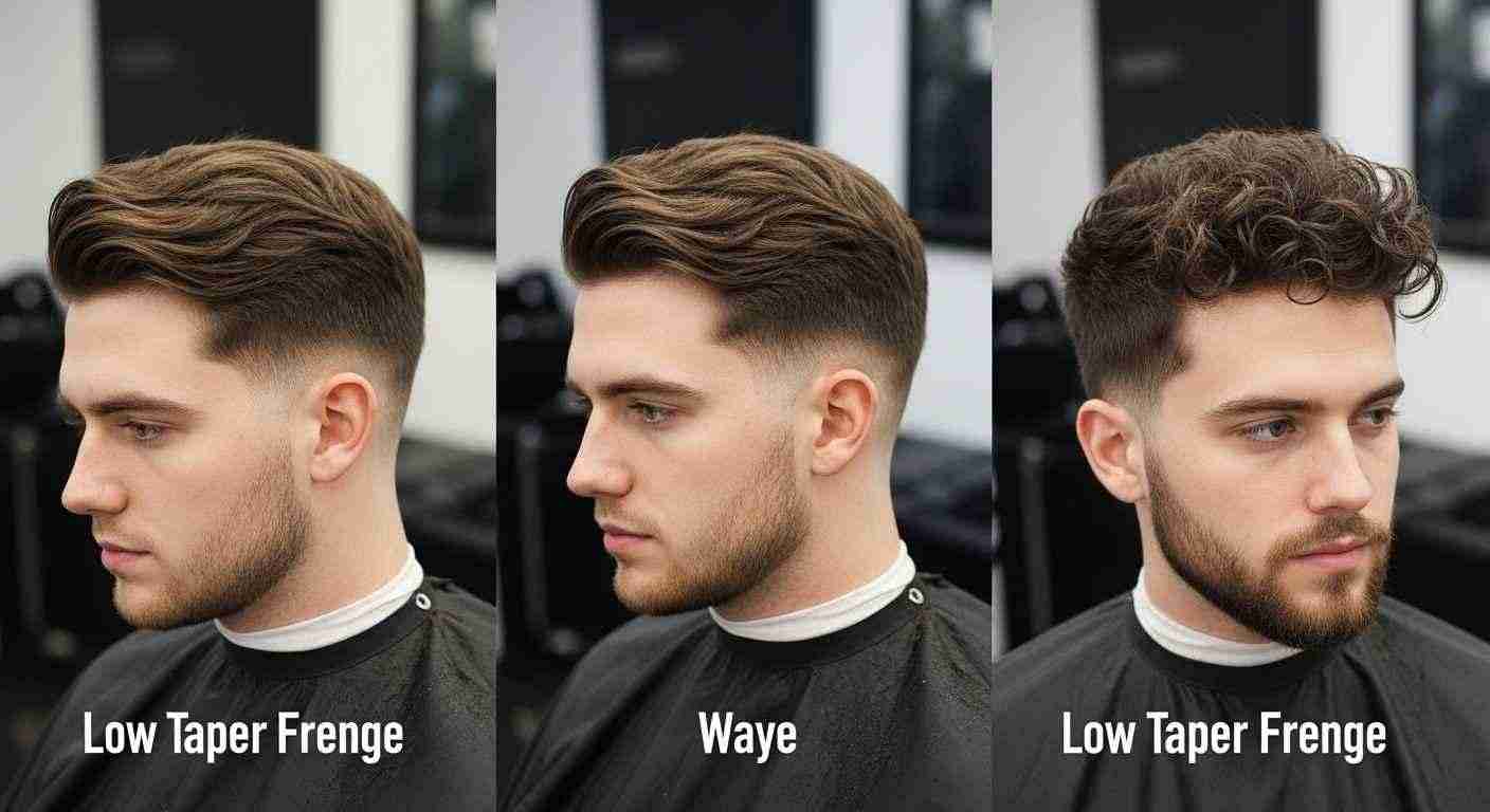 Illustration showing various stages of a man's hair growth, accompanied by tips for different hair types.