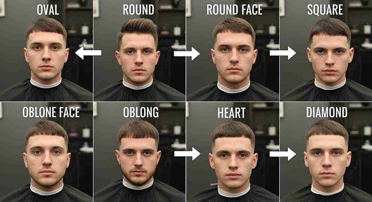  Illustration showing various hair stages on a man, highlighting which face shapes suit each style best.