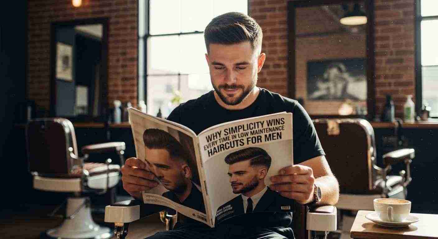 Low Maintenance Haircuts for Men Who Hate Styling 13 A man reading a magazine titled "Why Simplicity Wins Every Time" while seated in a barber chair.