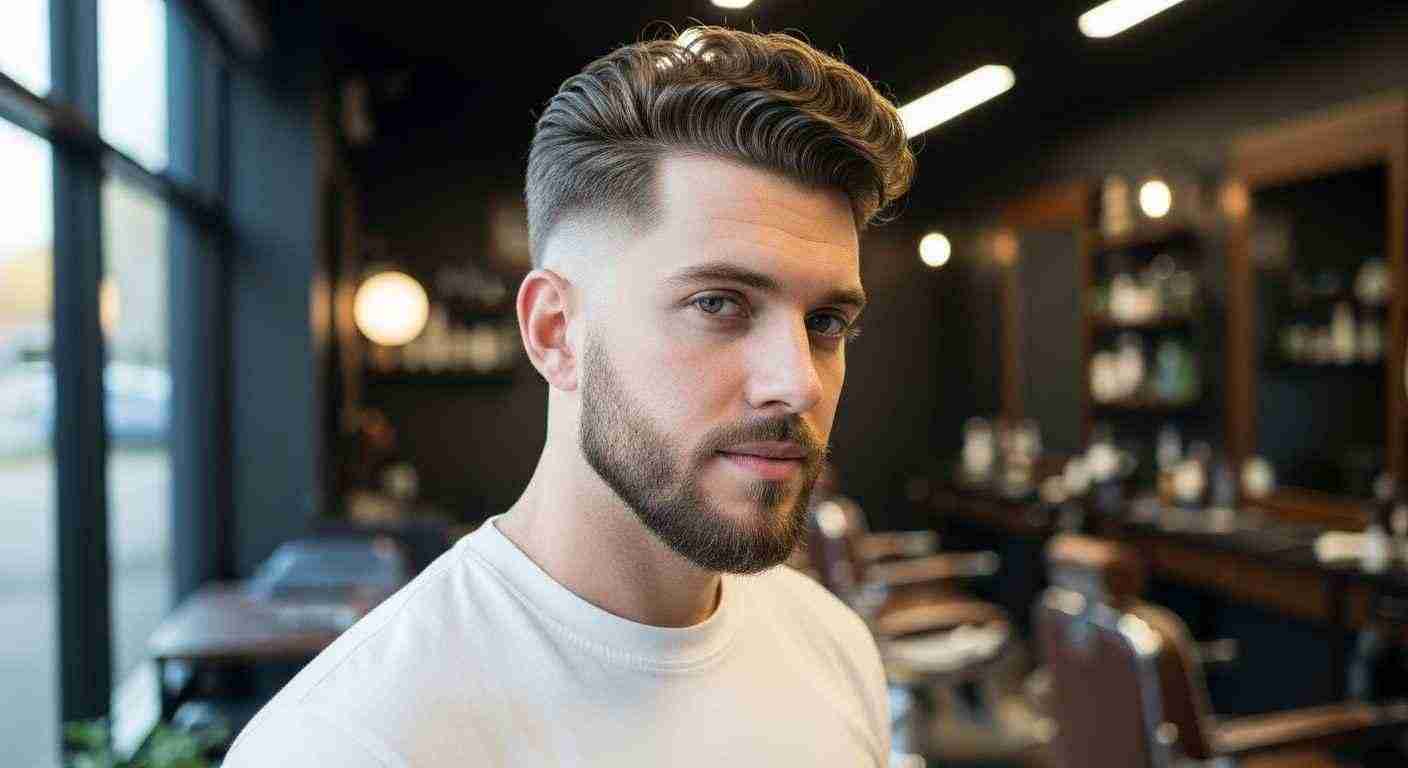 A bearded man in a white shirt sits in a barber shop, showcasing a slick back undercut hairstyle for thick or curly hair.