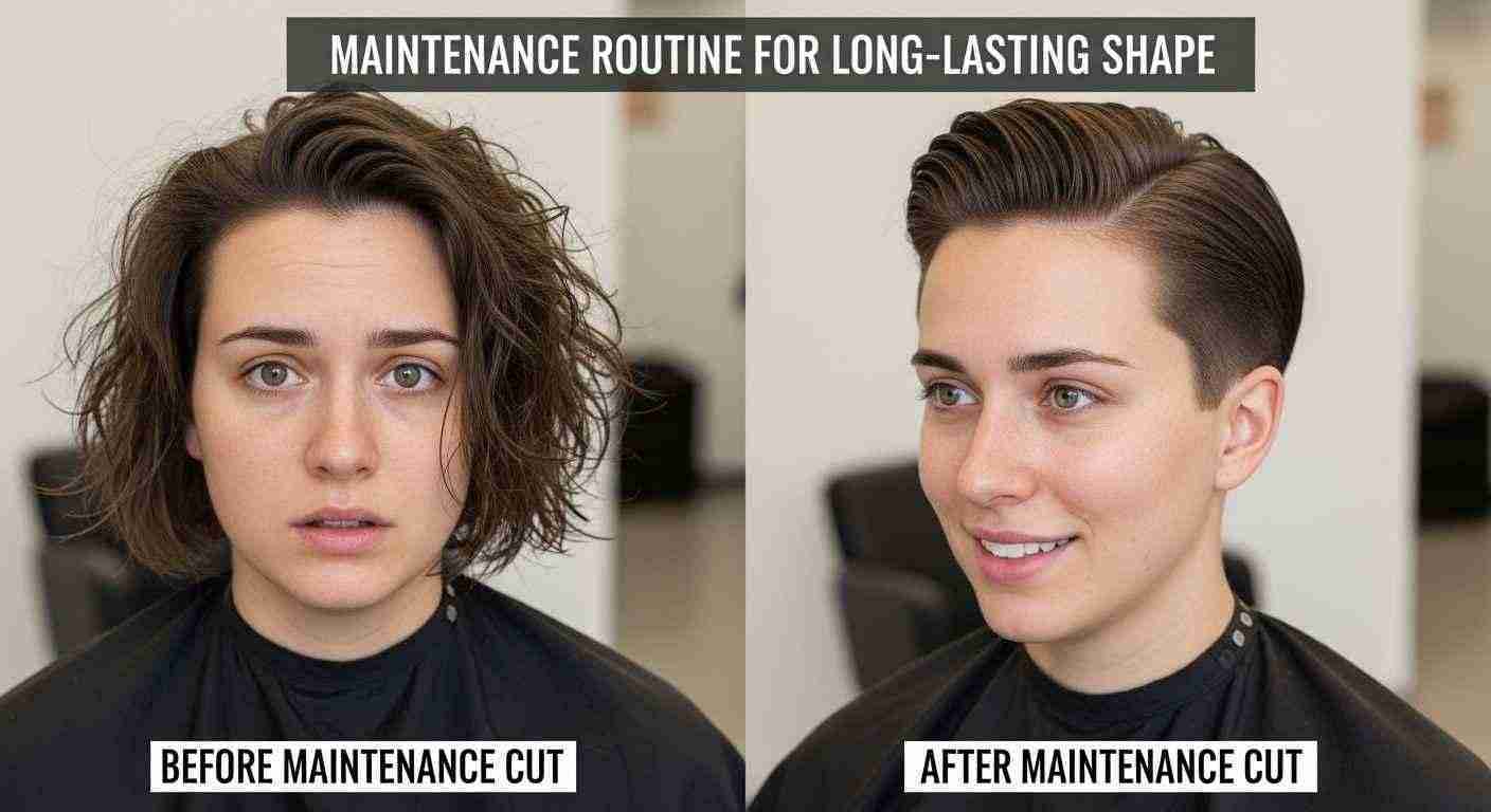 Before and after images of a woman's haircut, showcasing a fresh and polished look after a maintenance cut.