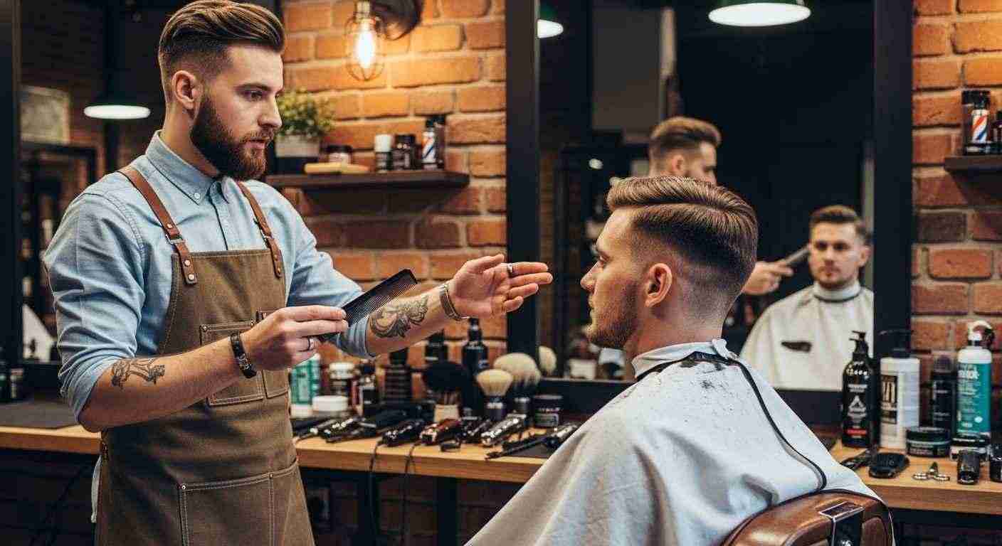 A man receives a low taper fringe haircut from a barber in a well-lit barbershop.