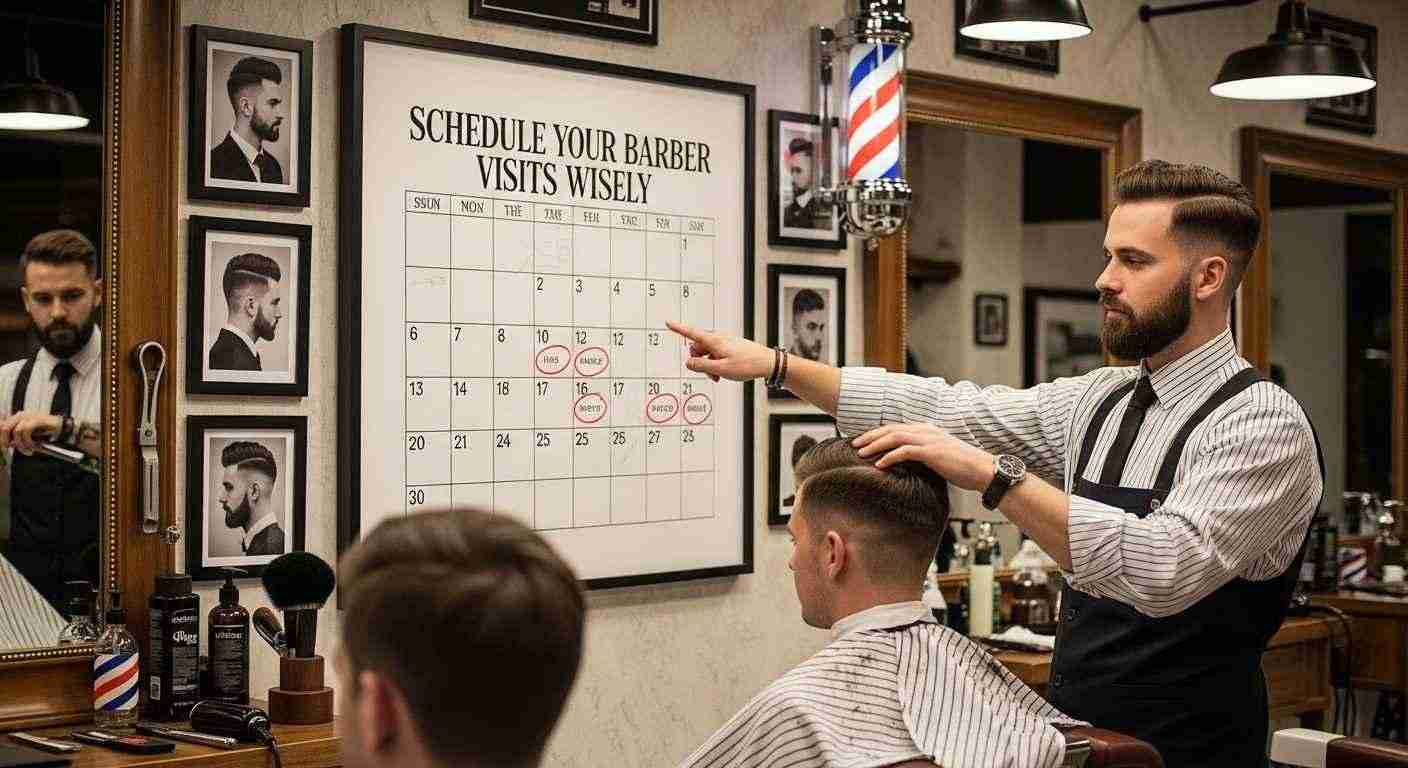 Low Maintenance Haircuts for Men Who Hate Styling 9 A man receiving a haircut in a barber shop, emphasizing the importance of scheduling barber visits wisely.