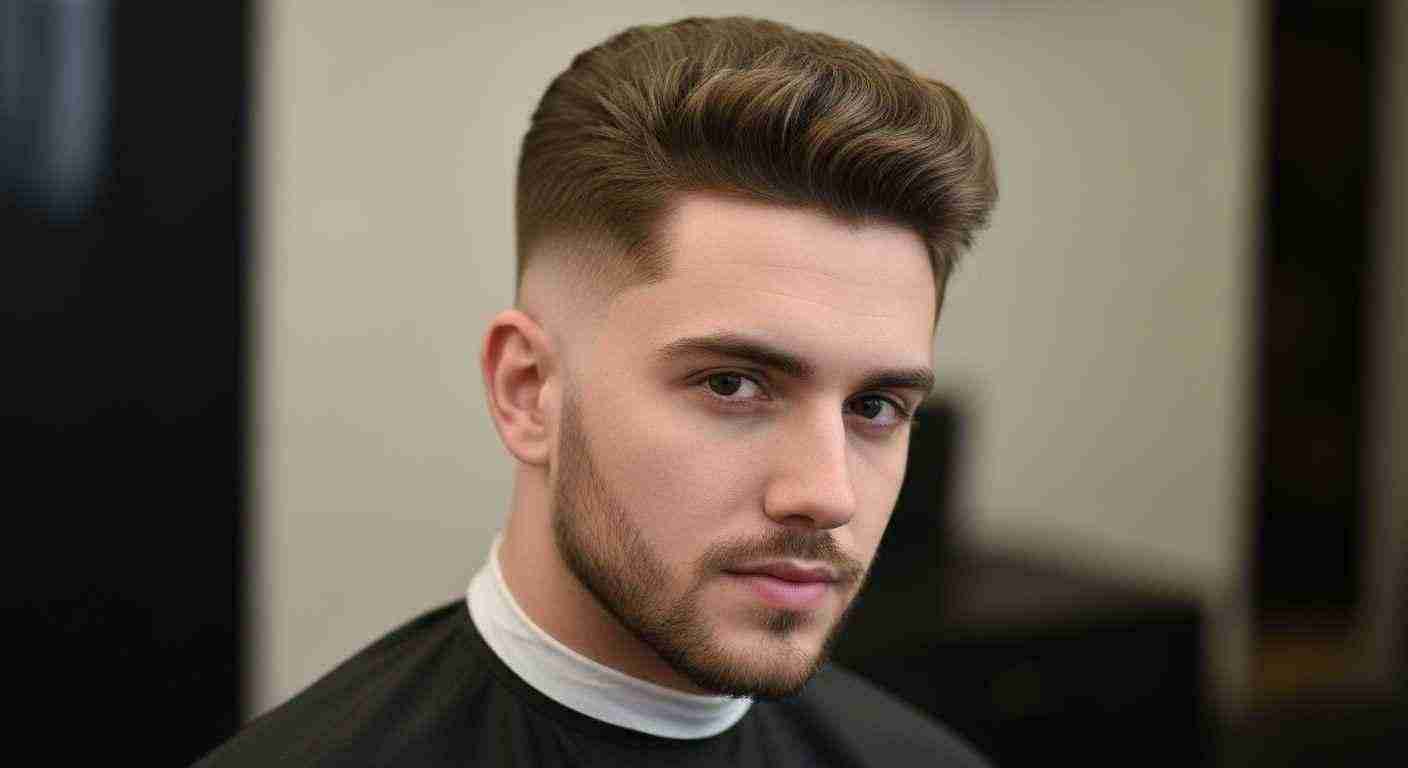 A man with a short haircut and beard featuring a low shadow fade hairstyle.