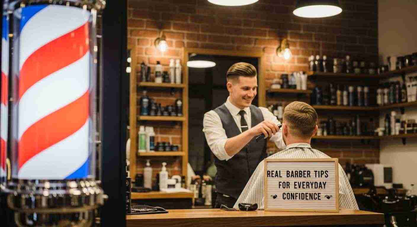  A barber is cutting a man's hair in a shop, showcasing tips for everyday confidence in grooming.
