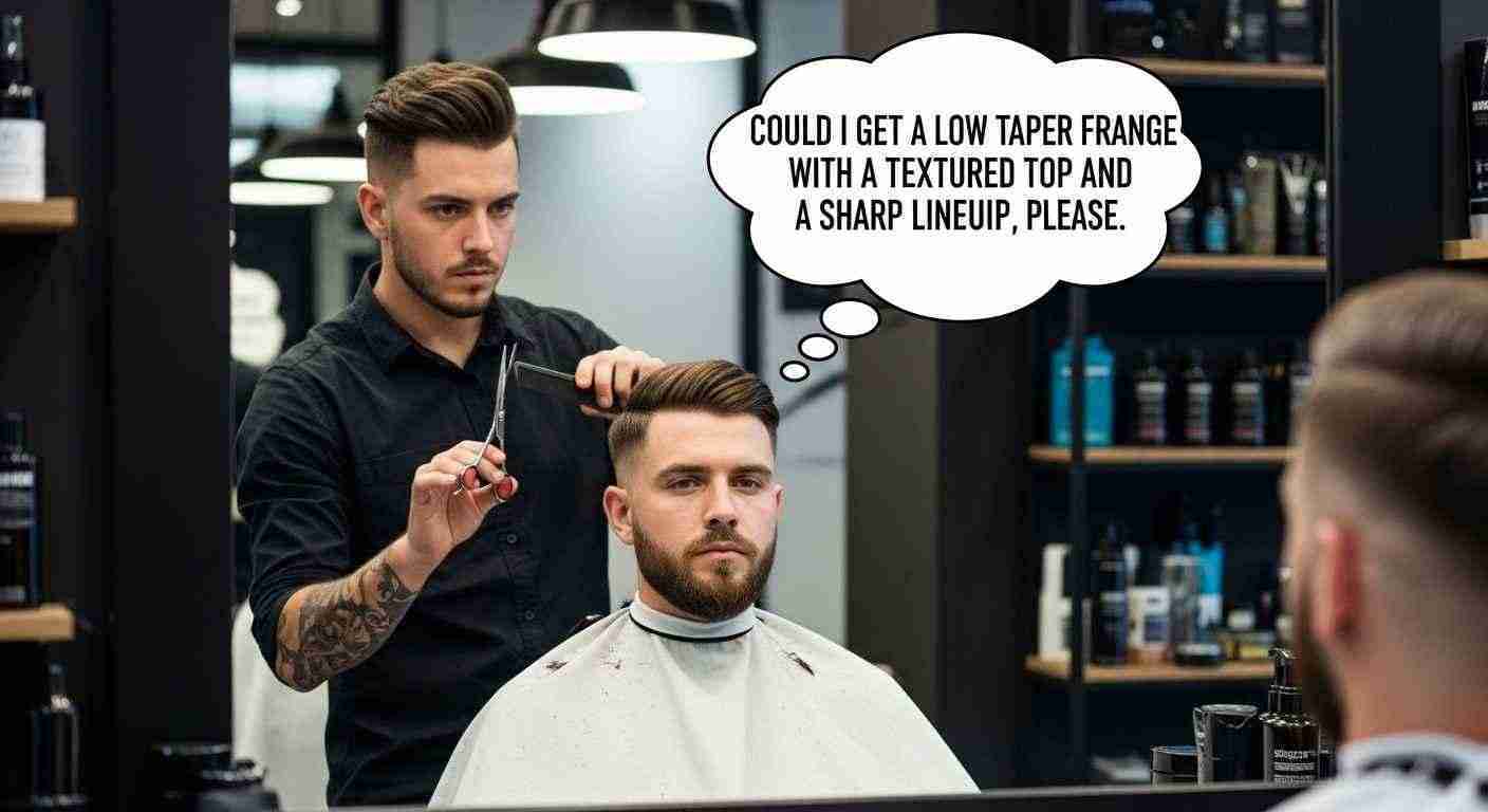  A man receives a low taper fringe haircut at a barber shop, focused on the stylist's precise technique.