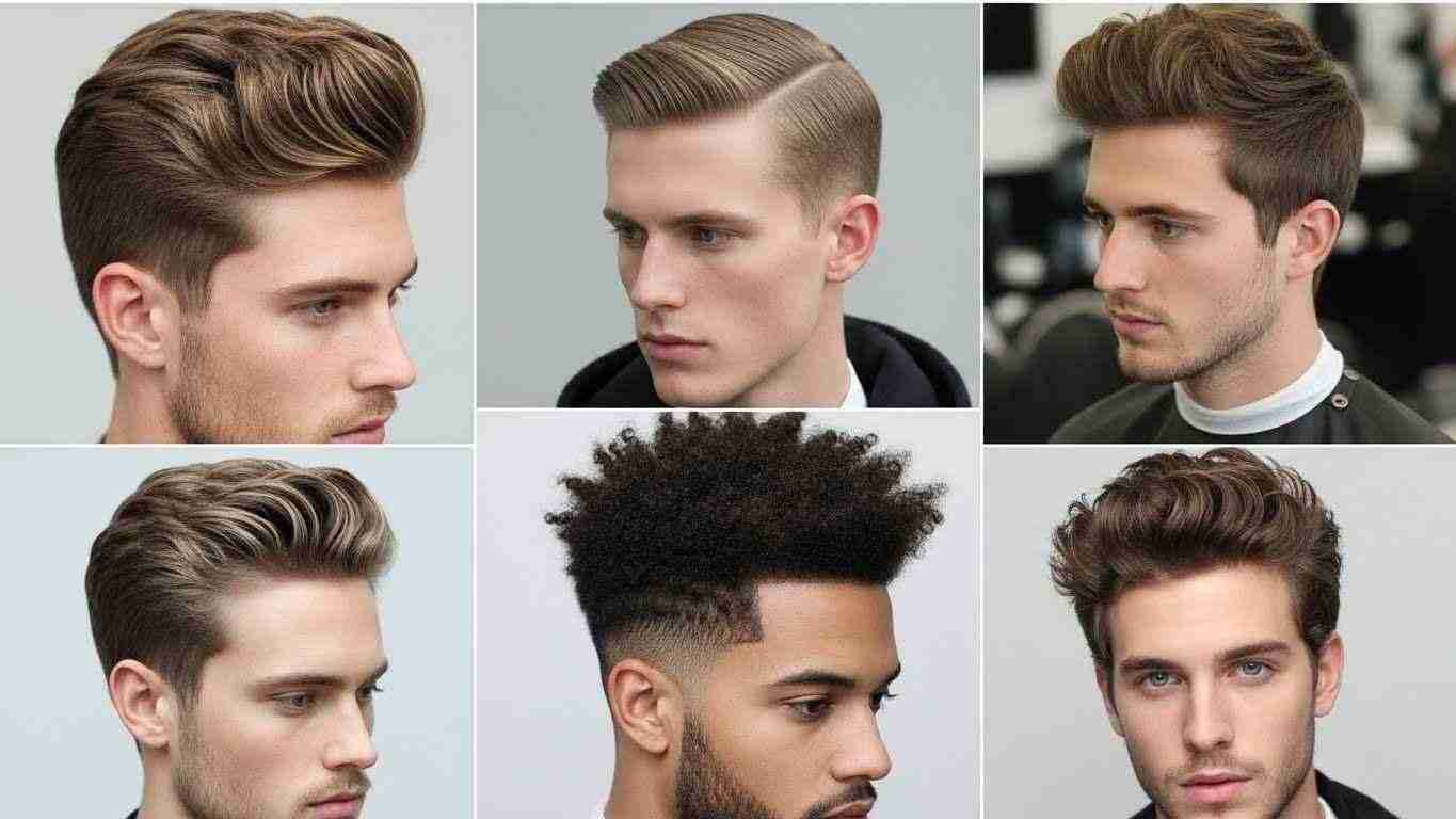A collage showcasing various men's hairstyles, highlighting different hair types and styles for diverse looks.

