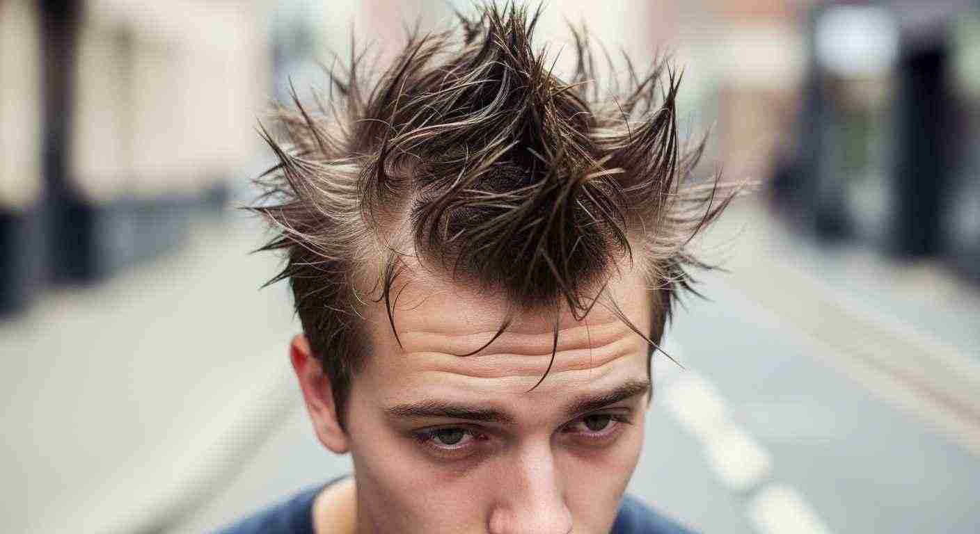 A man with a spiky mohawk hairstyle, showcasing a bold and edgy look while neglecting hair health.