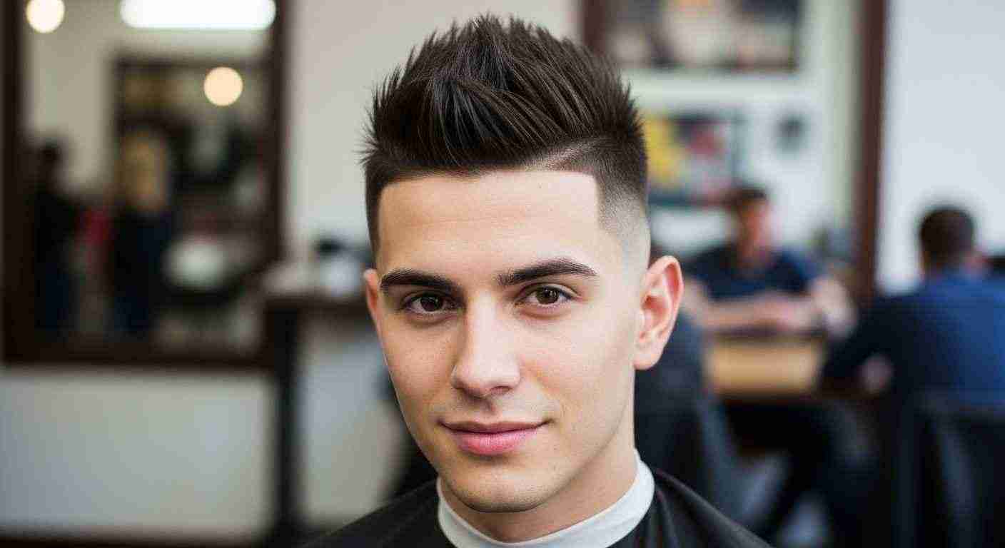 A man with a mohawk haircut stands confidently in a barber shop, promoting instant confidence boost. 