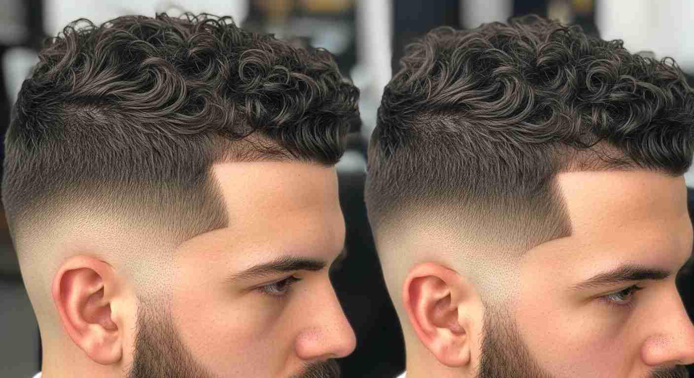 A man with curly hair and a beard, showcasing his look before and after a haircut, highlighting beard fade blending. 
