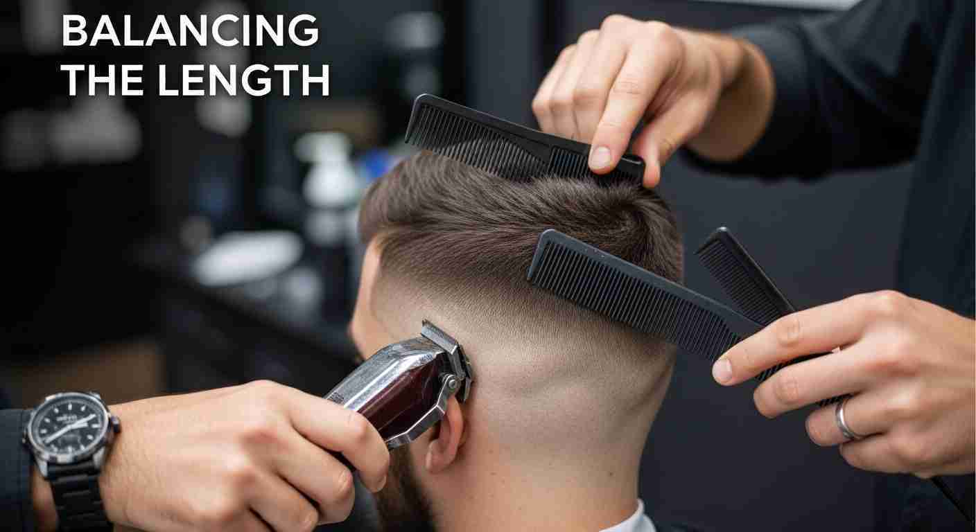  Image of a barber skillfully balancing the length of a men's beard fade, addressing common fade issues for a polished look. 