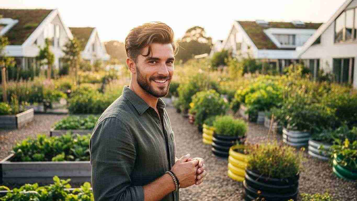 A man stands in a garden surrounded by various plants, showcasing a well-maintained hairstyle.
