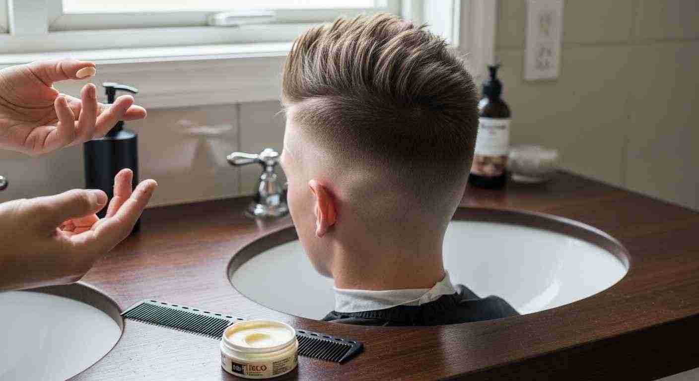 A man is having his hair cut in a bathroom sink, demonstrating easy maintenance tips for personal grooming.