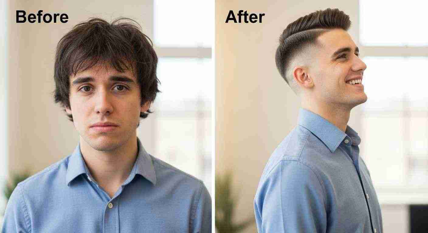 Professional Haircuts Men Love for a Sharp Clean Look 17 Before and after images of a man showcasing the impact of a short haircut on his overall appearance and first impressions.