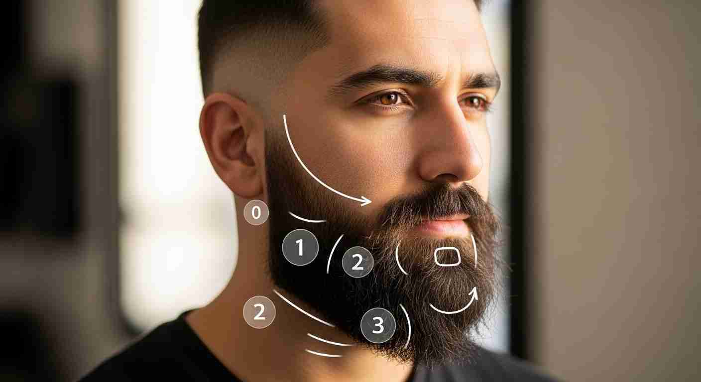  A man with a beard holds a beard trimmer, illustrating the importance of guard numbers for achieving a fade hairstyle. 