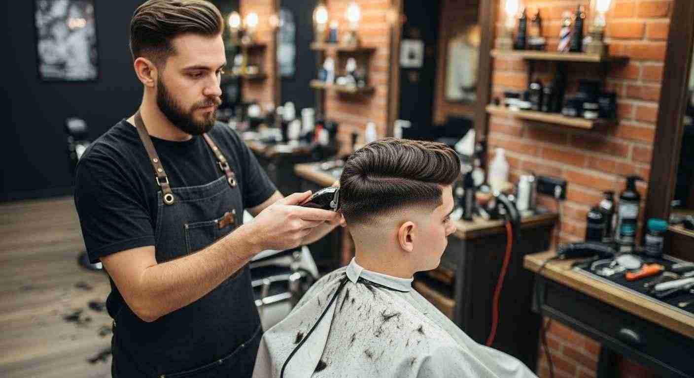 A man receives a haircut from a barber, focusing on hair density and fade balance.