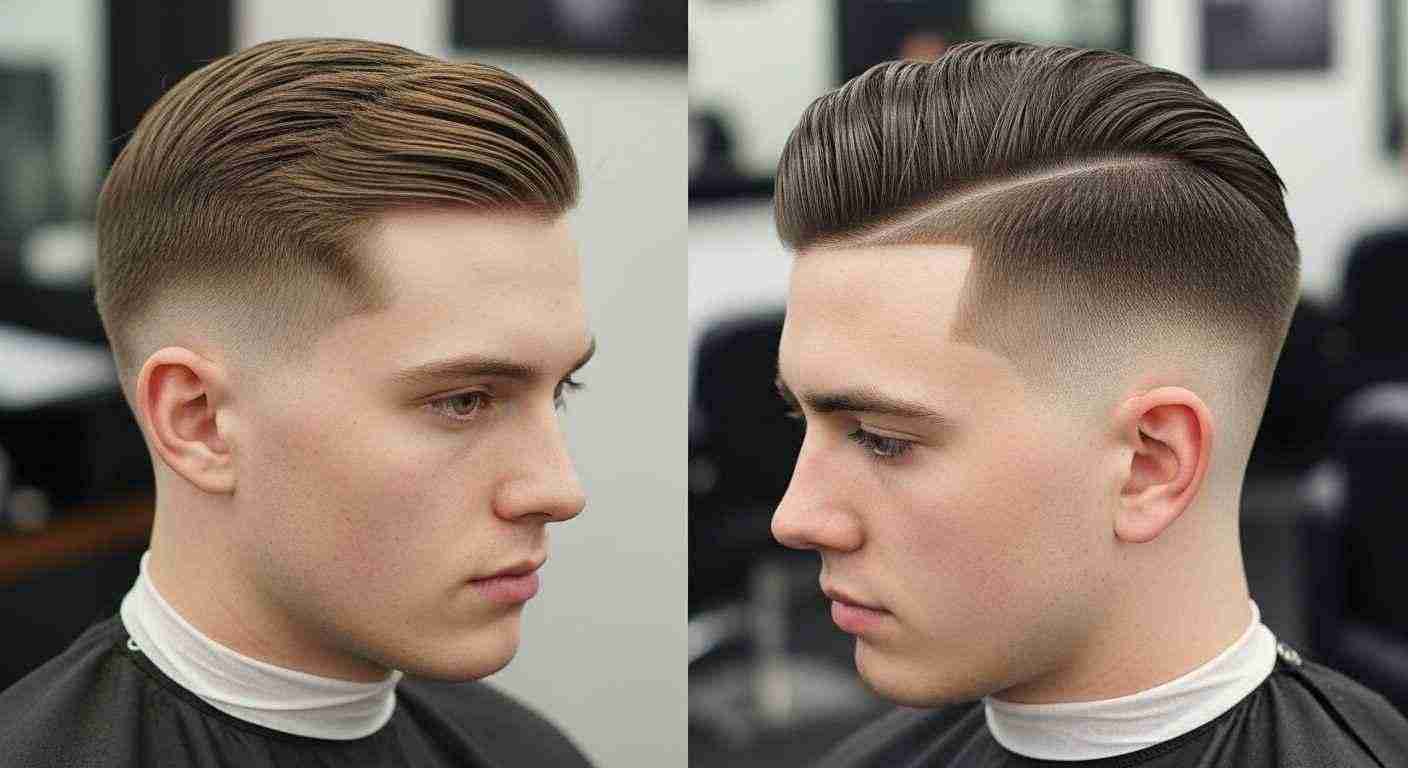 Professional Haircuts Men Love for a Sharp Clean Look 5 Two images of a man showcasing a fade haircut, blending classic styles with modern twists.