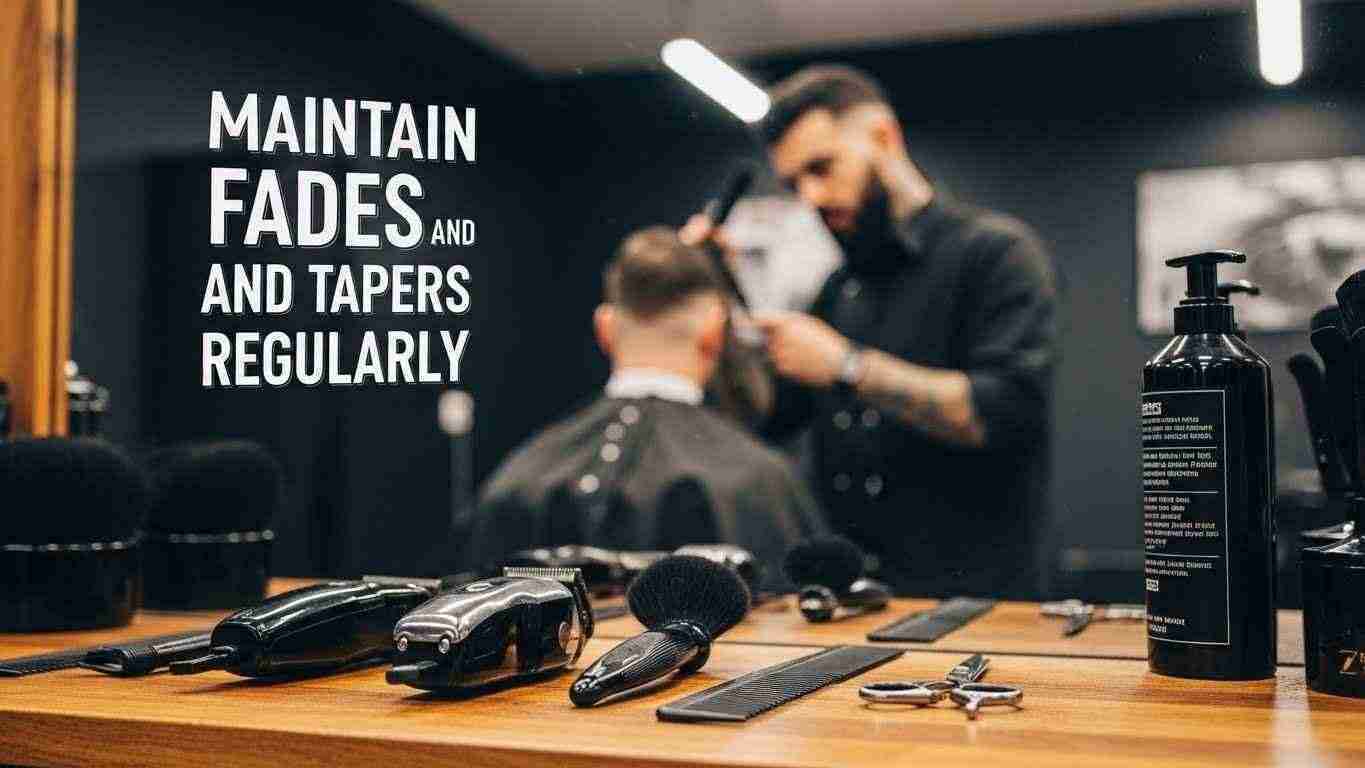 A man sits in a barber shop, looking at his reflection in a mirror, emphasizing the importance of regular fades and tapers.