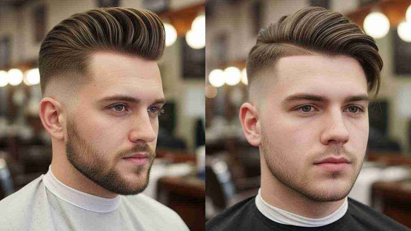 Two images of a man showcasing a fade haircut, highlighting styles that slim and elongate men's faces. 