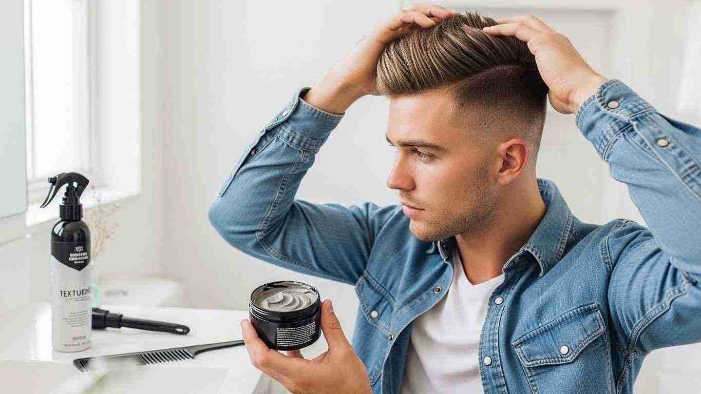  A man styles his hair in front of a mirror, focusing on tips for maintaining a slimming effect in men's hairstyles.