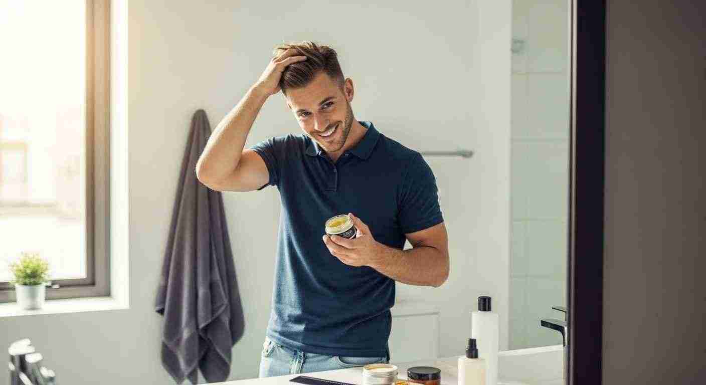A man brushes his hair in front of a mirror, focusing on his grooming routine in a lifestyle setting.
