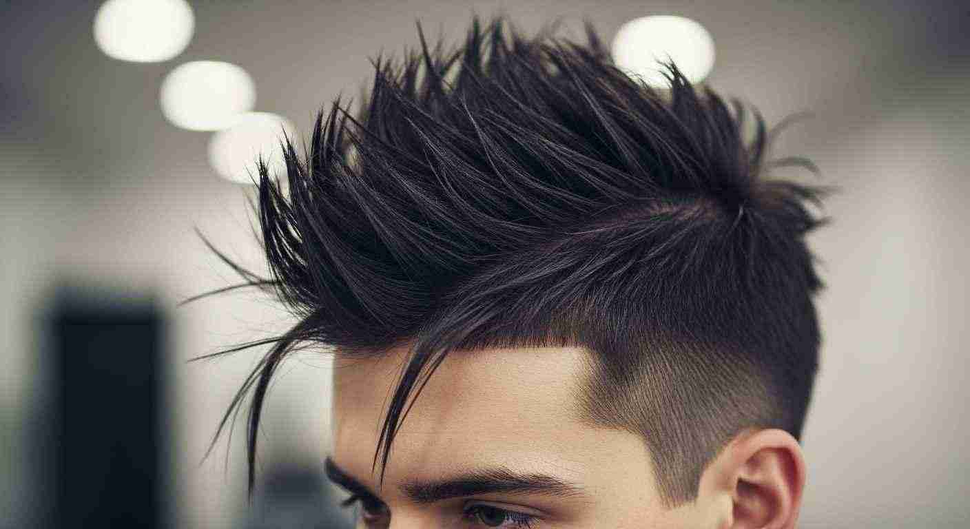 A man with a mohawk haircut gazes downward, showcasing his unique hairstyle and thoughtful expression.