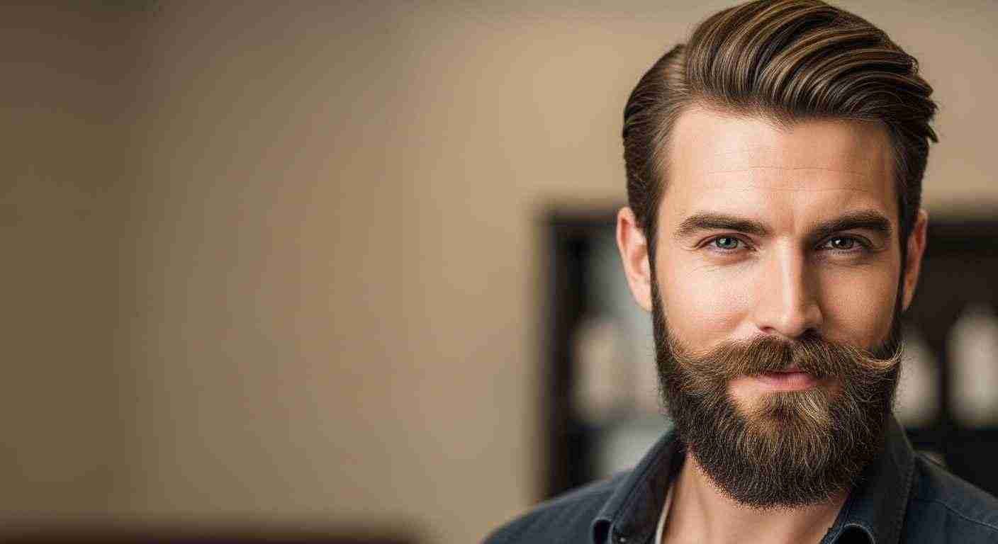A man with a beard and moustache, showcasing a well-groomed facial hair style.