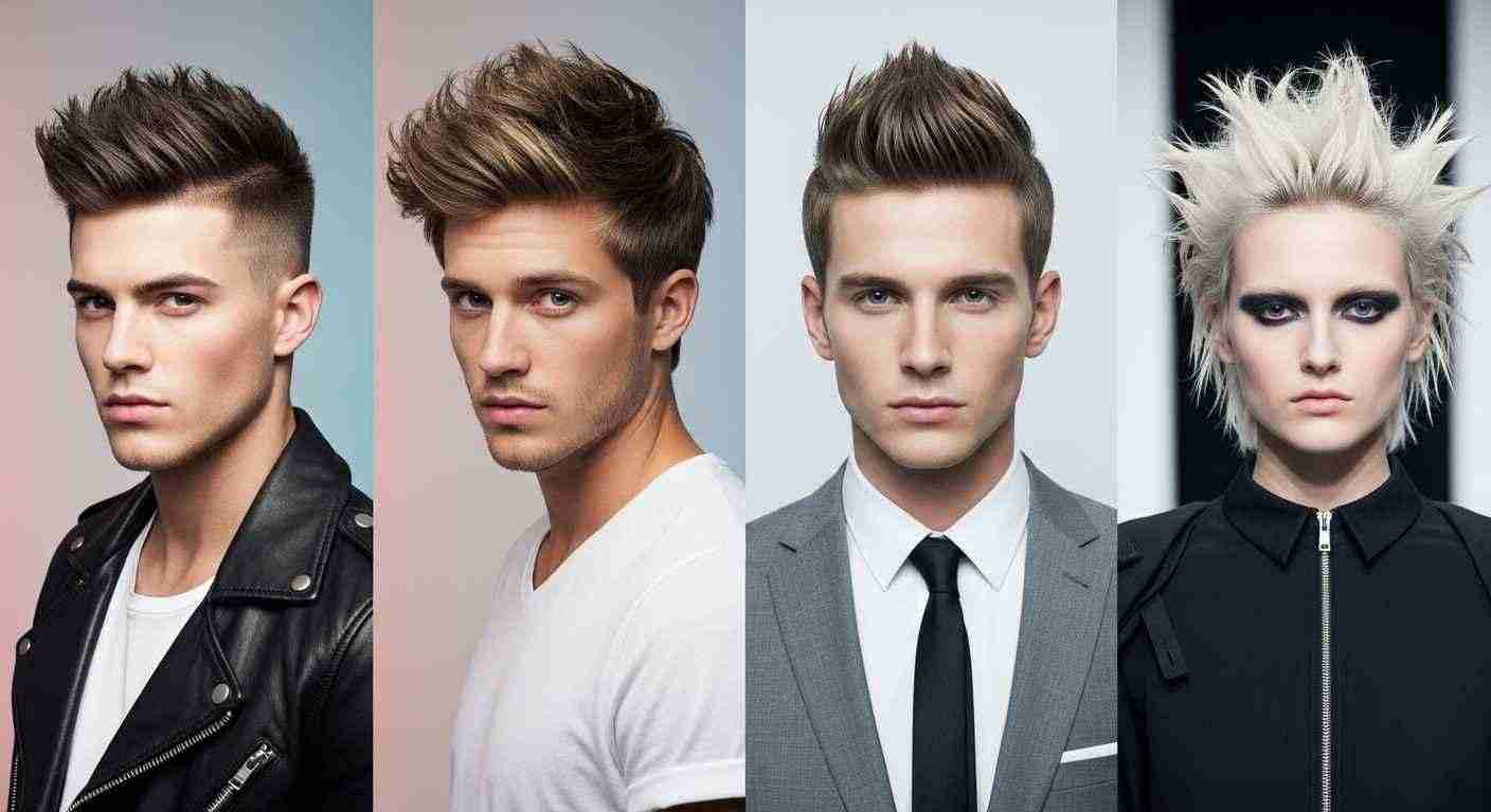 Four men showcase modern spiky hairstyles, each with a unique style, suitable for various occasions.