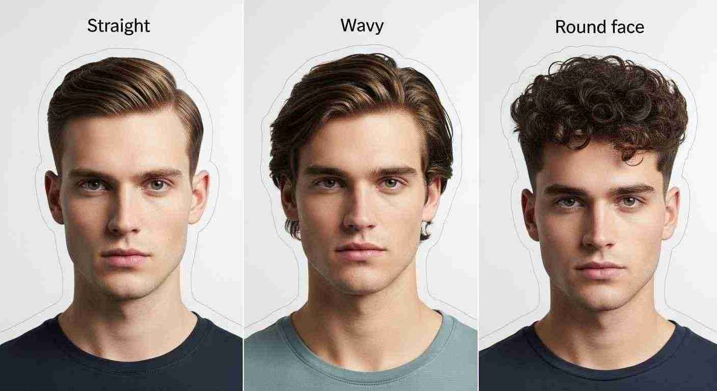  Four types of men's hair displayed: straight, wavy, curly, and a mix, showcasing different textures and styles.
