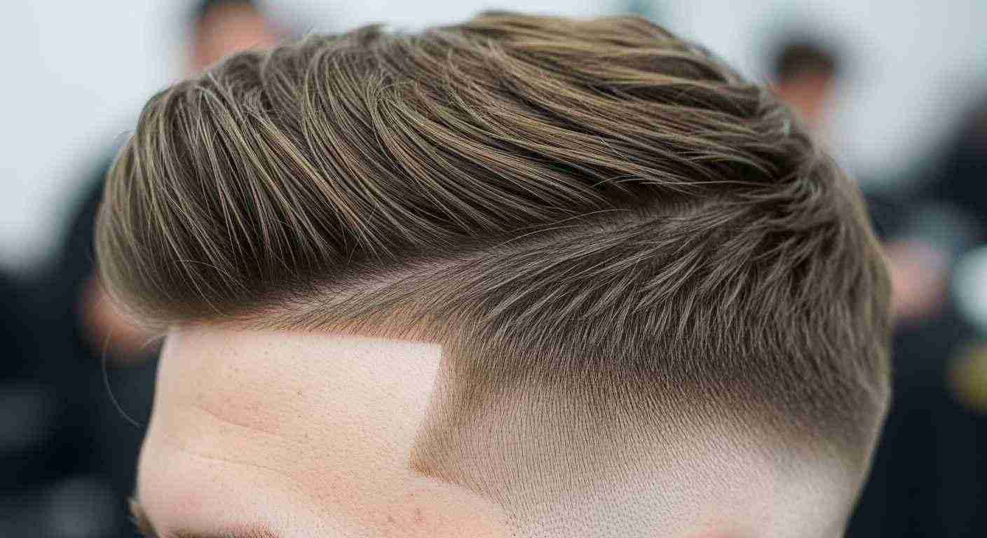 Professional Haircuts Men Love for a Sharp Clean Look 7 Close-up of a man with a shaved head showcasing a detailed fade blend hairstyle.