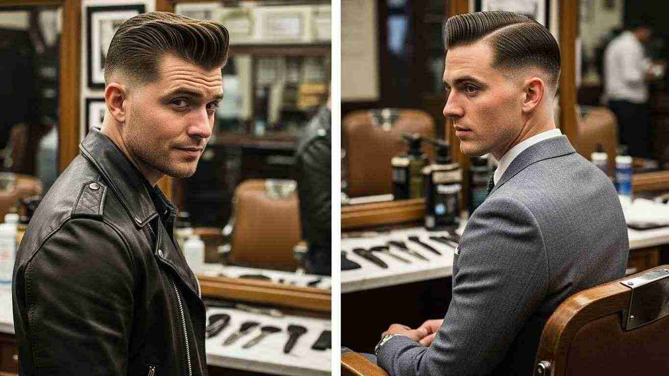 Two images of a man in a barber shop showcasing a pompadour and a slicked-back taper hairstyle.