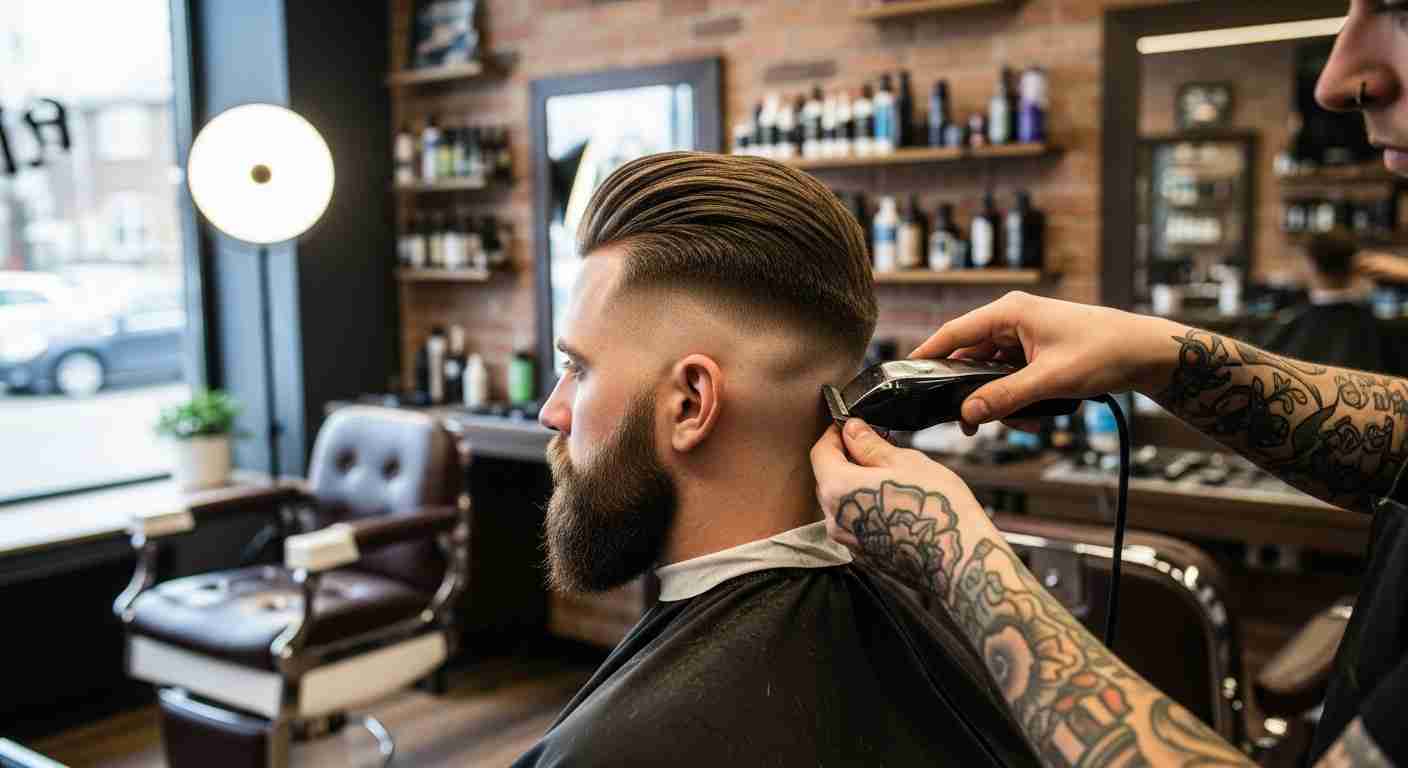 . A man receives a haircut from a barber, focusing on aligning the fade height with the beard fade entry point.