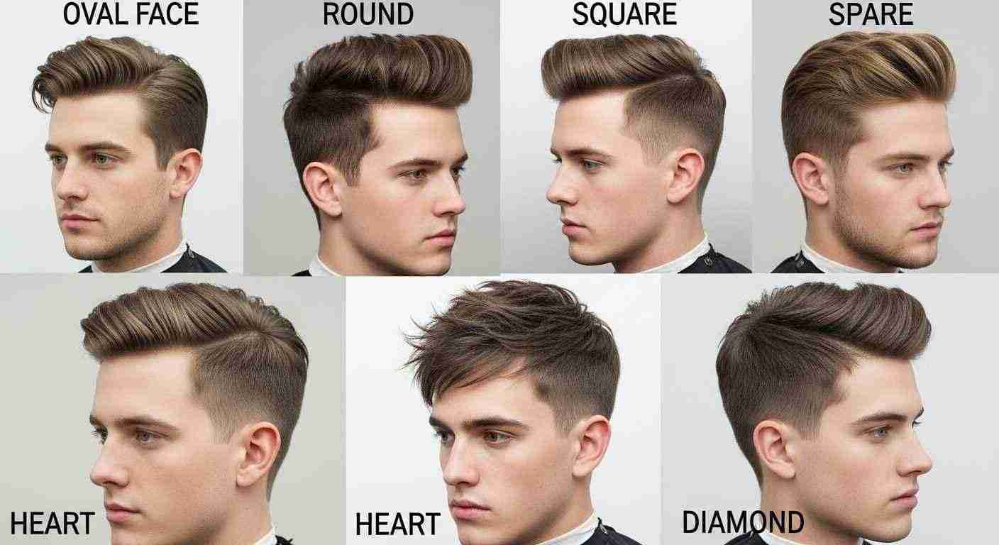 Various men's haircuts showcasing fades tailored to different face shapes. 