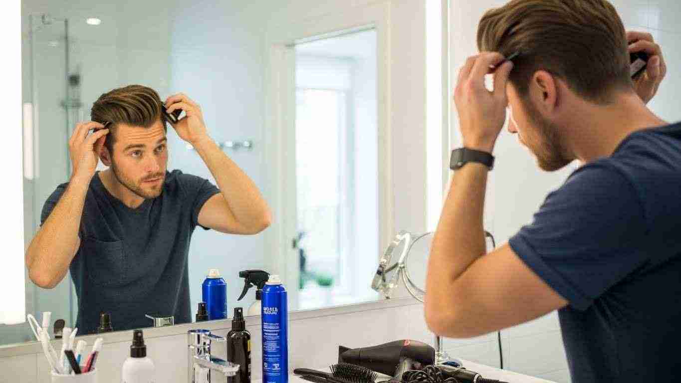 A man styles his hair in front of a mirror as part of his daily grooming routine.