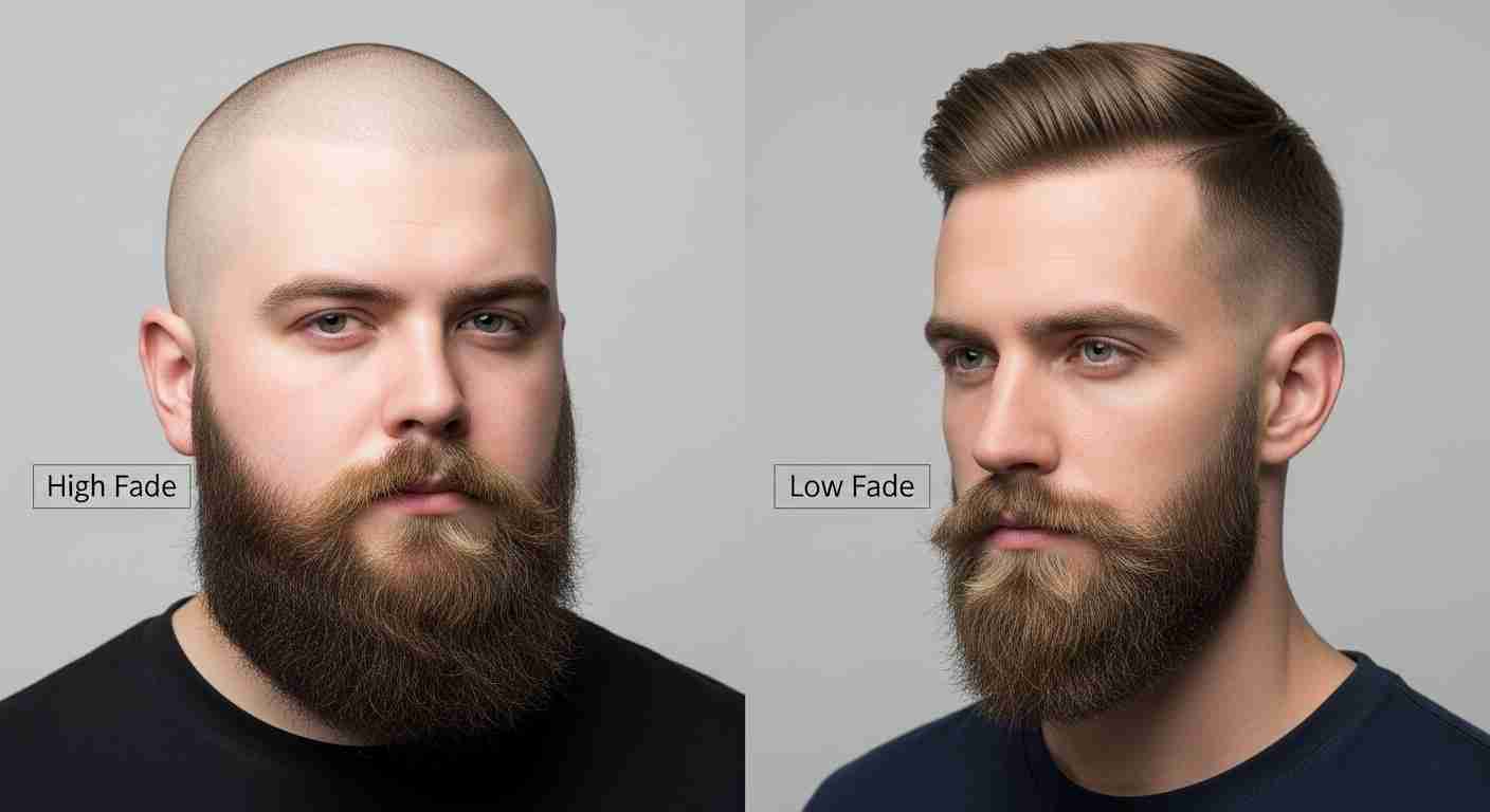 Two men showcase different hairstyles, illustrating a before and after comparison for beard fade styles.