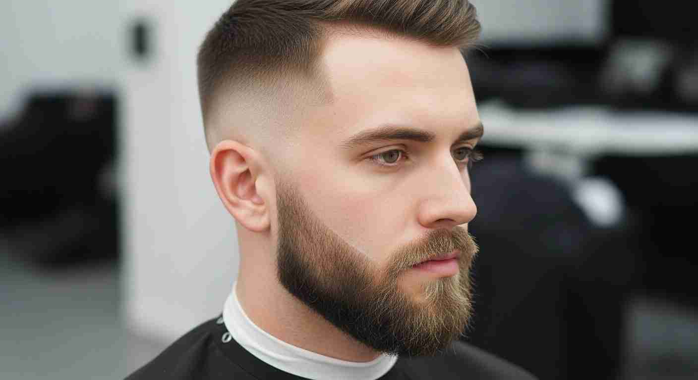 A man with a beard and short haircut, showcasing a well-maintained fade in the transition zone of his hairstyle. 