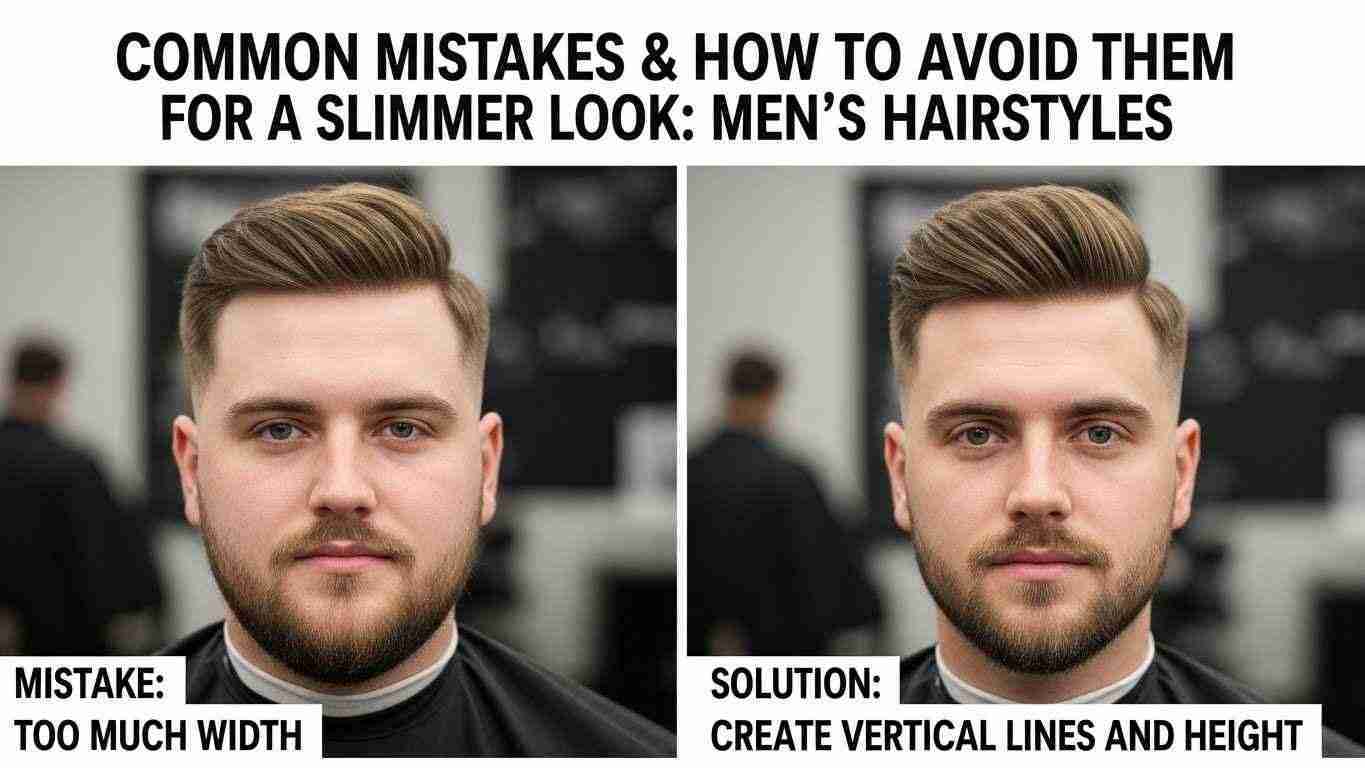 Two images of the same man showcasing a hairstyle, illustrating common mistakes for a slimmer look in men's hairstyles.
