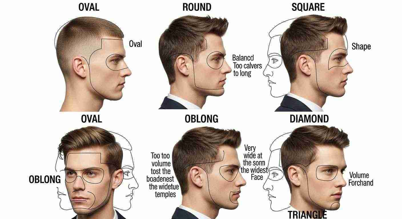 Various men's hair types with styles to avoid based on different face shapes, showcasing diverse grooming options.