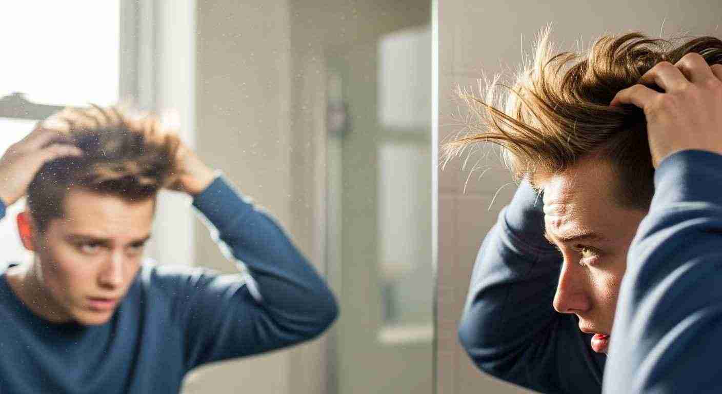  A man combs his hair in front of a mirror, focusing on quick touch-ups for a polished appearance.